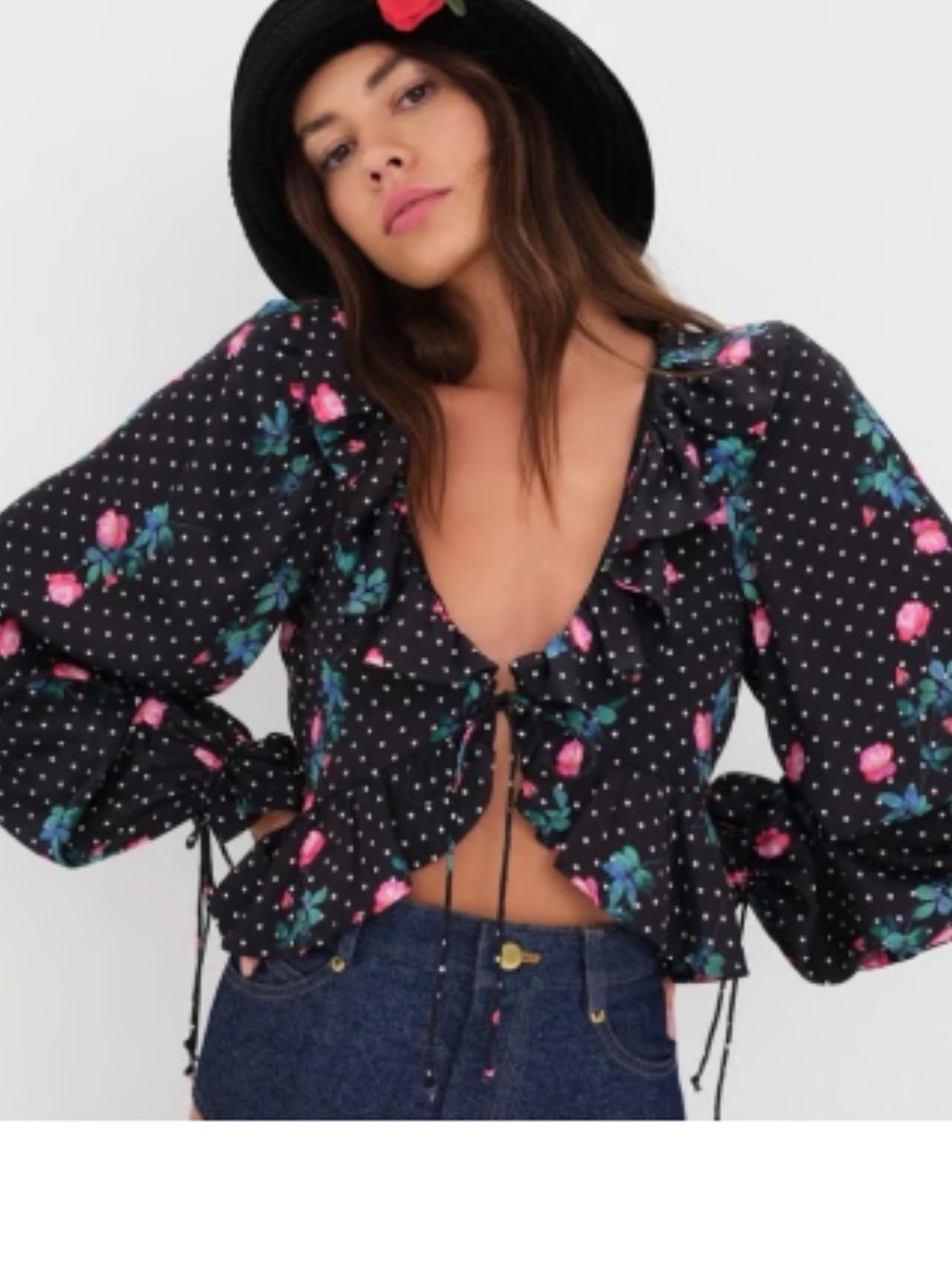 Women’s for love and lemons Rosen Black Floral Tie-Front Ruffle Blouse
